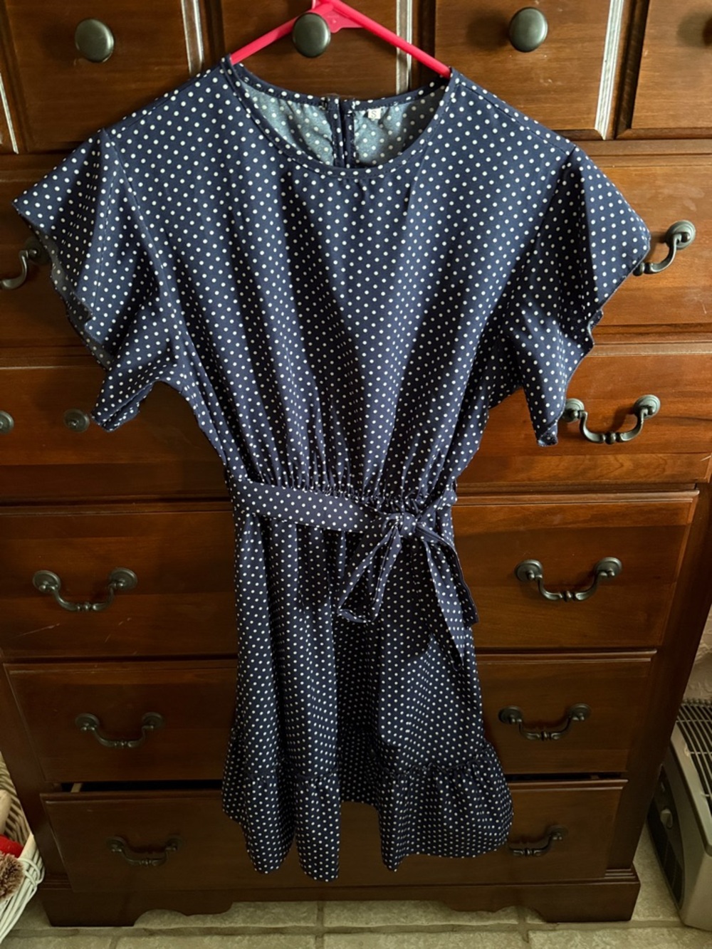 Navy Polka Dot Tie-Waist Dress